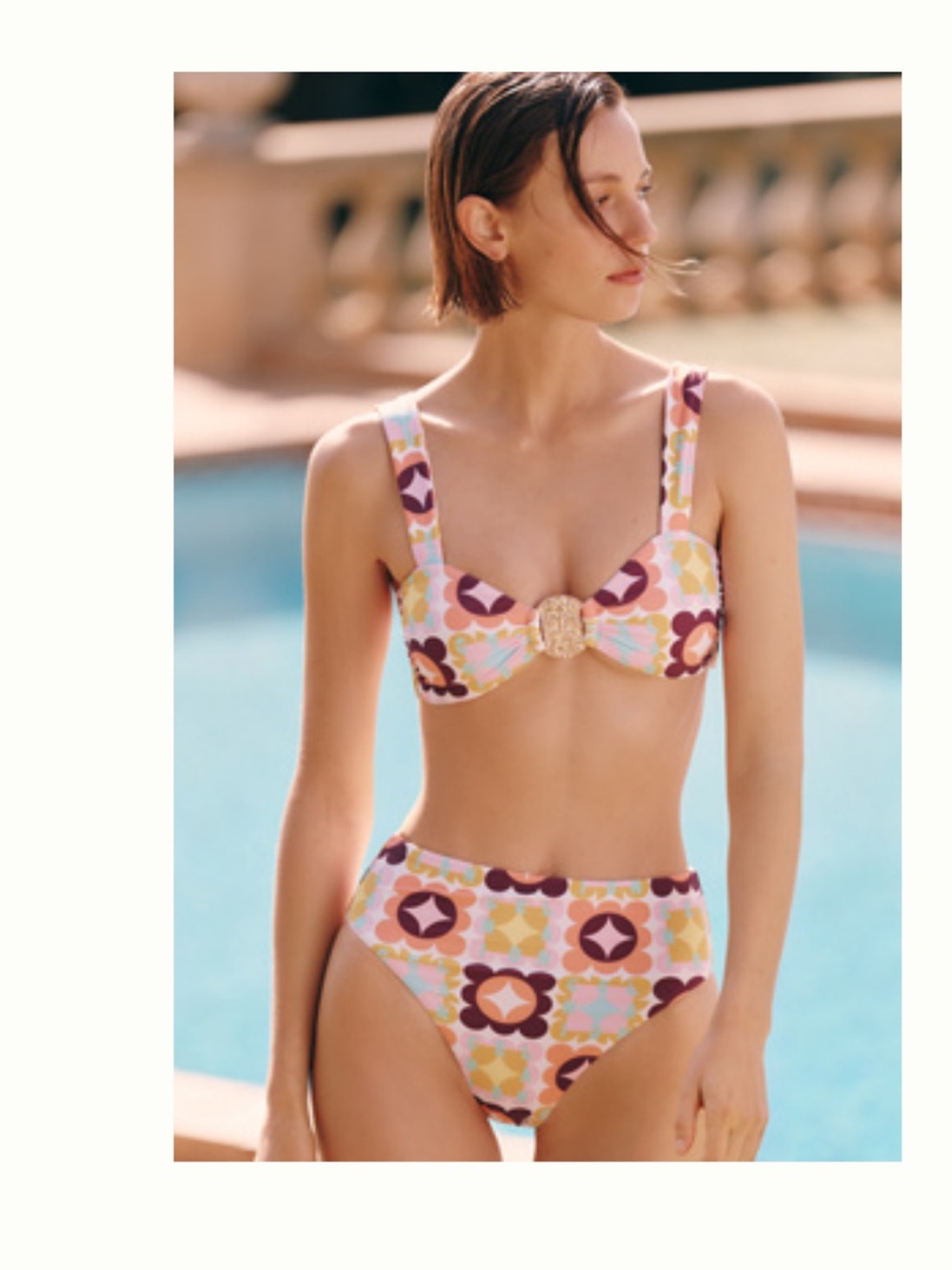 Anthropologie Retro Floral High-Waist Bikini - Pink, Yellow, Brown, Cream